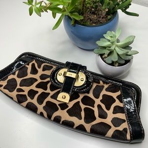 Rafe Leopard Print Clutch with Black Patent Trim and Gold Hardware